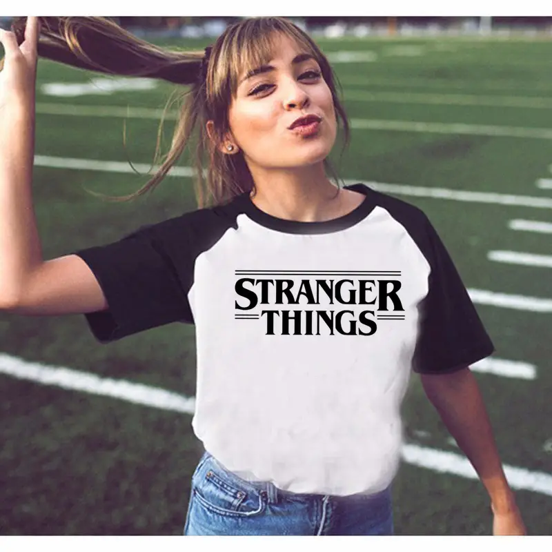 Stranger Things Off-Shoulder T-Shirt White Black Graphic Print - Image 30