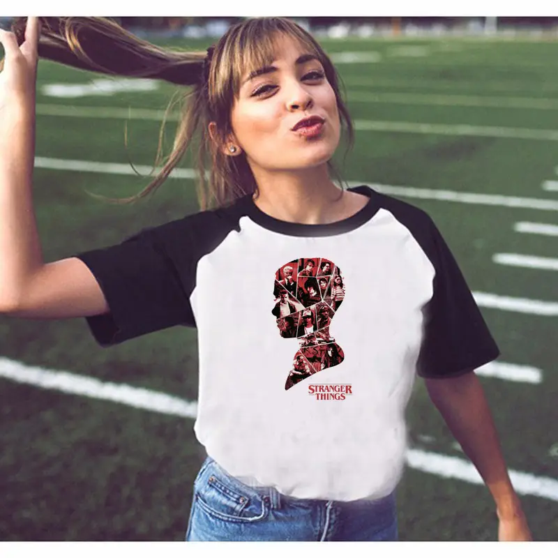 Stranger Things Off-Shoulder T-Shirt White Black Graphic Print - Image 4