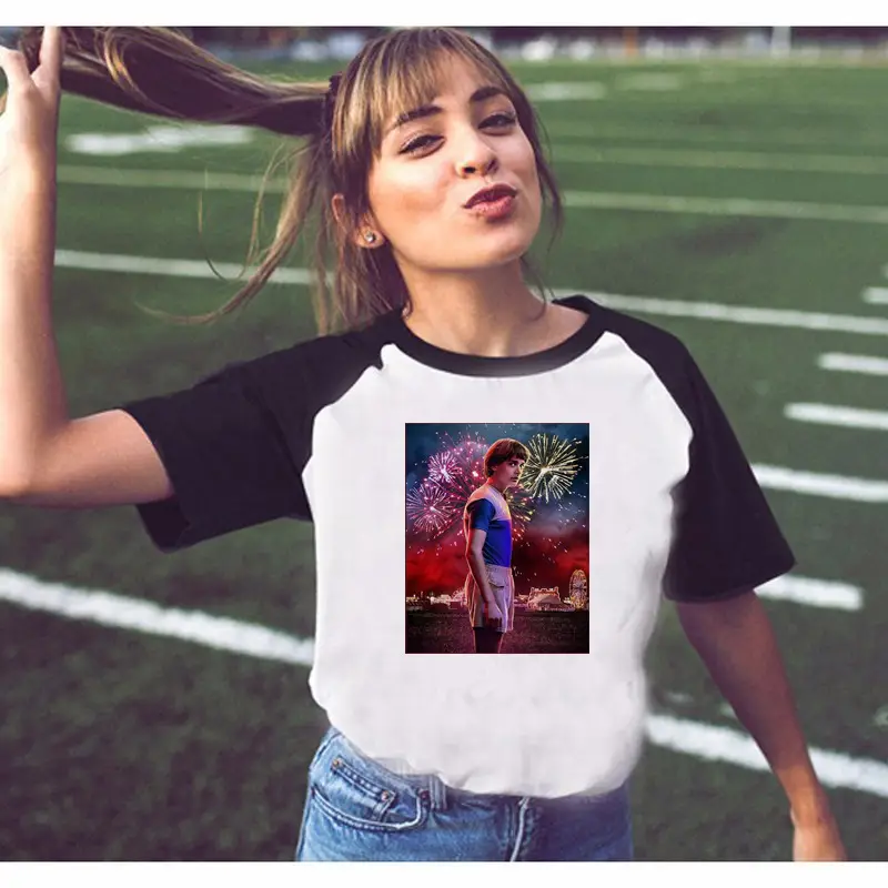 Stranger Things Off-Shoulder T-Shirt White Black Graphic Print - Image 5