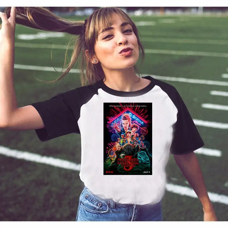 Stranger Things Off-Shoulder T-Shirt White Black Graphic Print - Image 7