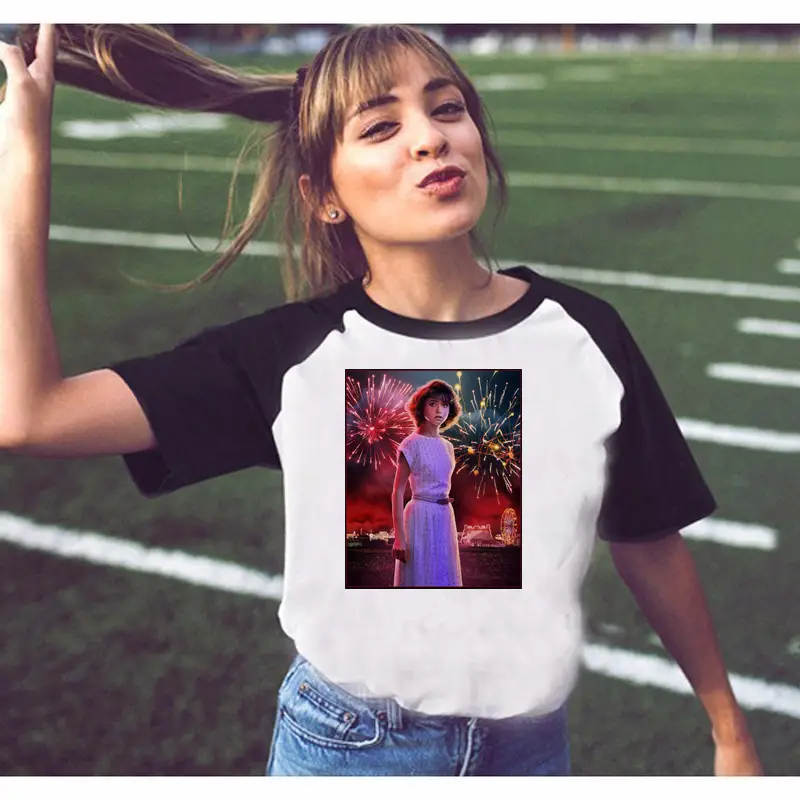Stranger Things Off-Shoulder T-Shirt White Black Graphic Print - Image 8