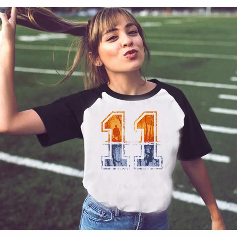 Stranger Things Off-Shoulder T-Shirt White Black Graphic Print - Image 9