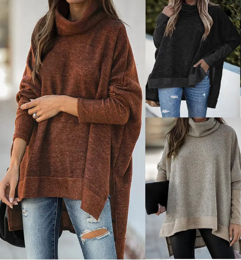 Women Turtleneck Sweater Beige Loose Fit Crossbody - Image 7