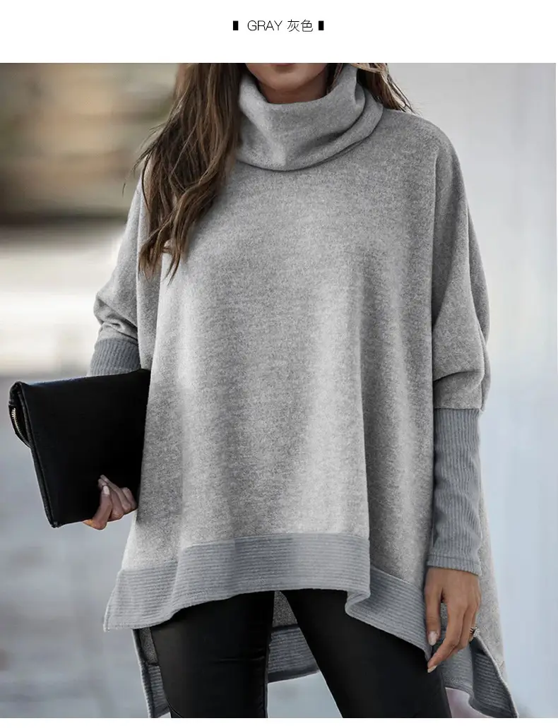 Women Turtleneck Sweater Beige Loose Fit Crossbody - Image 2