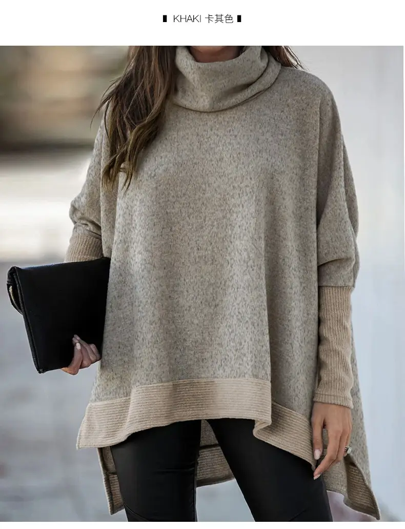 Women Turtleneck Sweater Beige Loose Fit Crossbody - Image 3