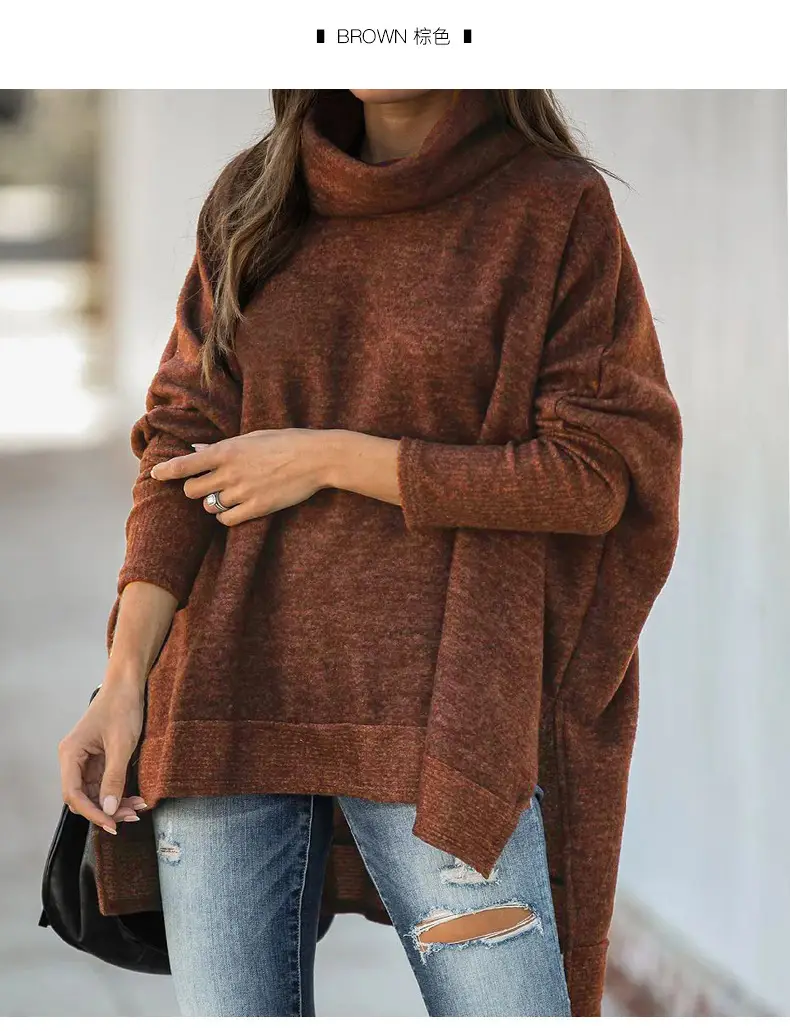 Women Turtleneck Sweater Beige Loose Fit Crossbody - Image 4