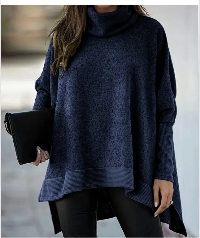 Women Turtleneck Sweater Beige Loose Fit Crossbody - Image 6
