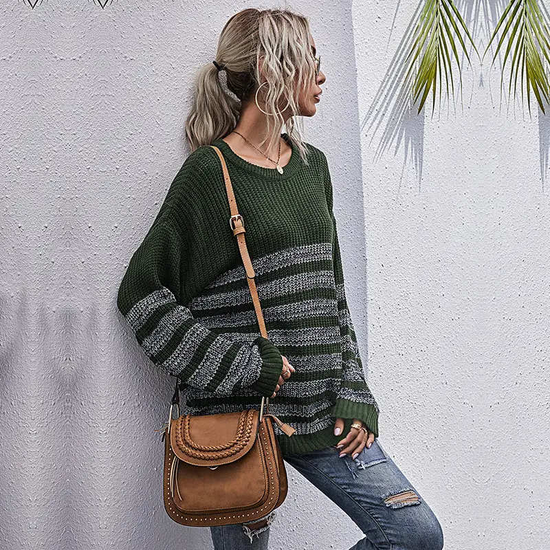 Bai Fen Zhi Yi Green Striped Knit Sweater Long Sleeve - Image 4