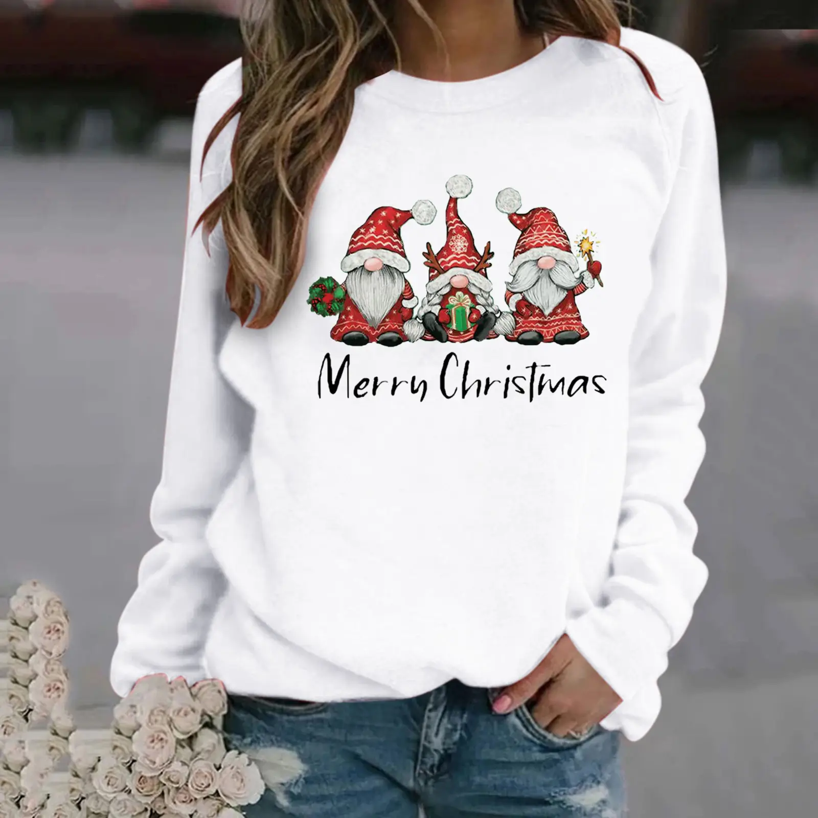 Women Christmas Print Long Sleeve Sweatshirt Grey - Image 10