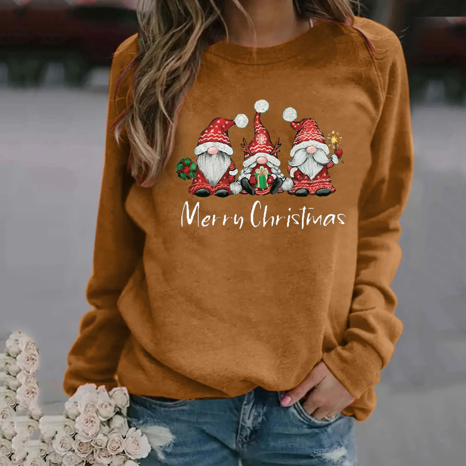 Women Christmas Print Long Sleeve Sweatshirt Grey - Image 11