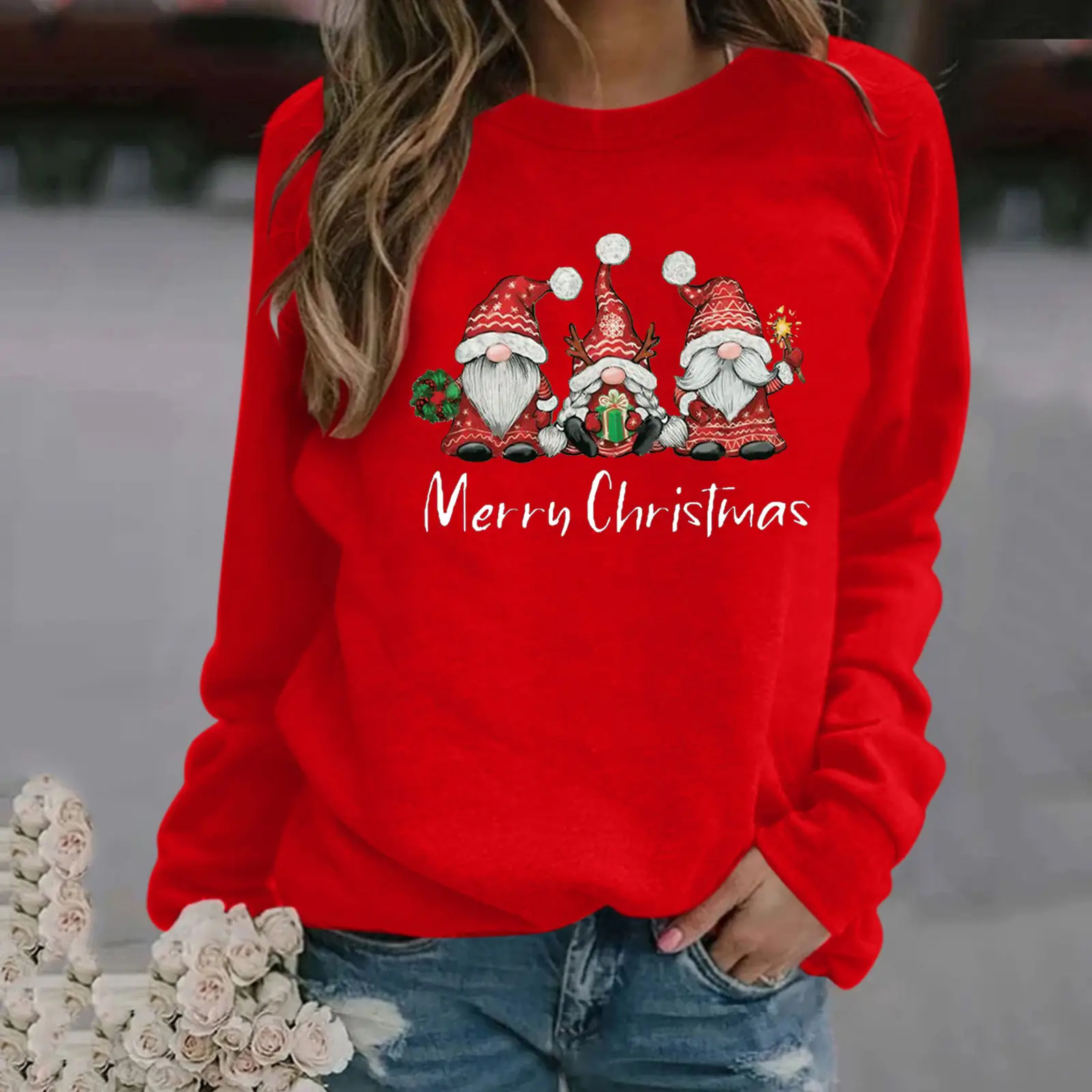 Women Christmas Print Long Sleeve Sweatshirt Grey - Image 3