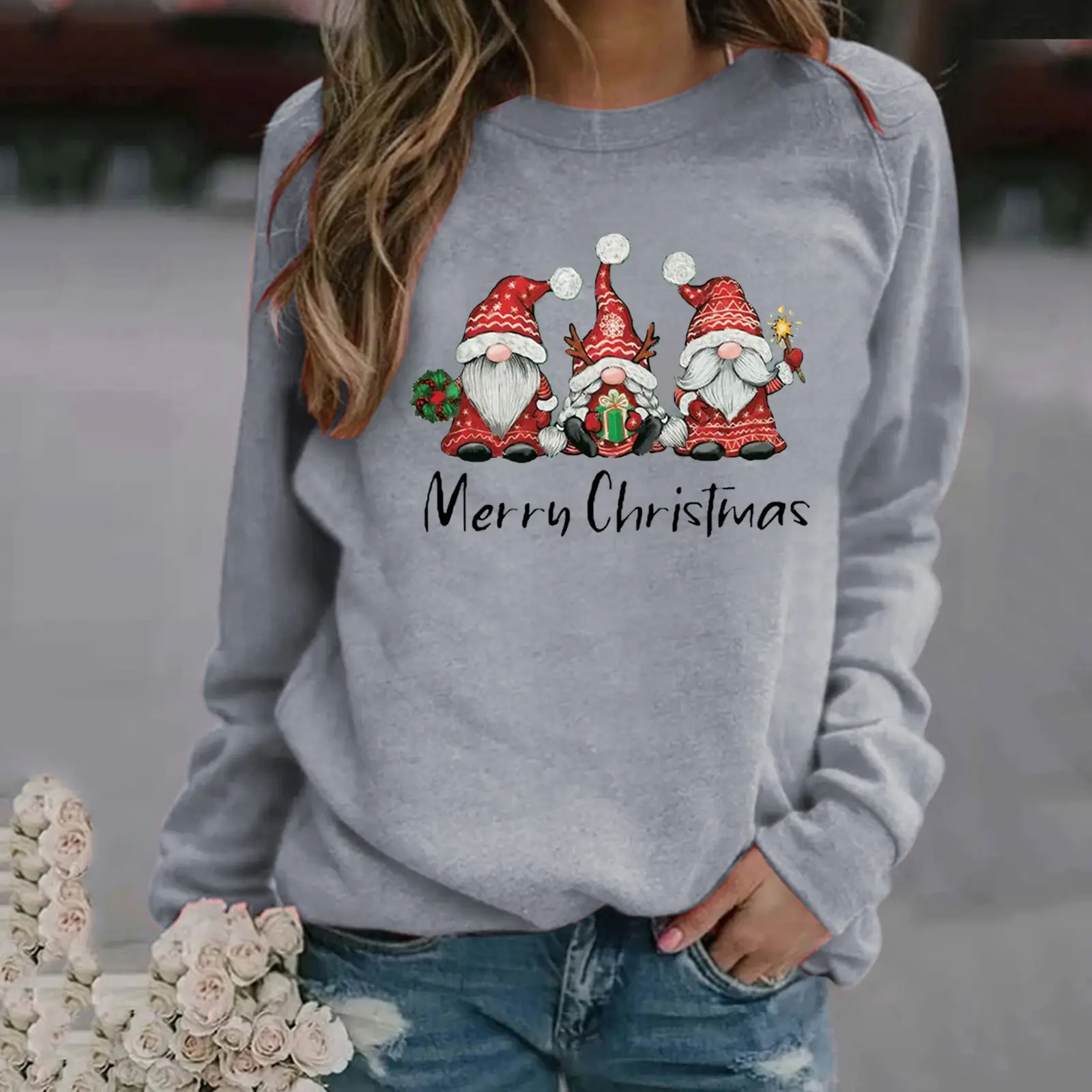 Women Christmas Print Long Sleeve Sweatshirt Grey - Image 4