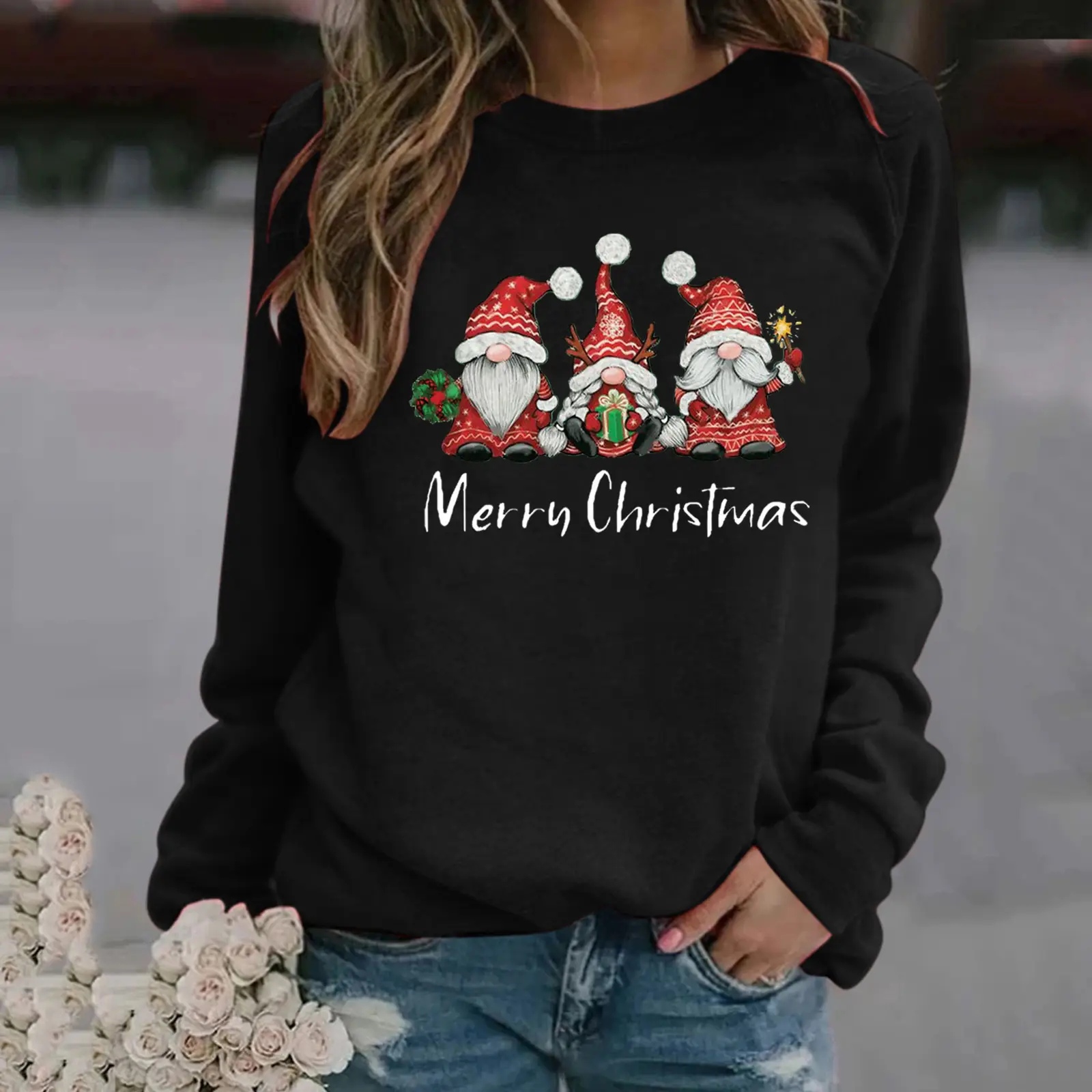 Women Christmas Print Long Sleeve Sweatshirt Grey - Image 6
