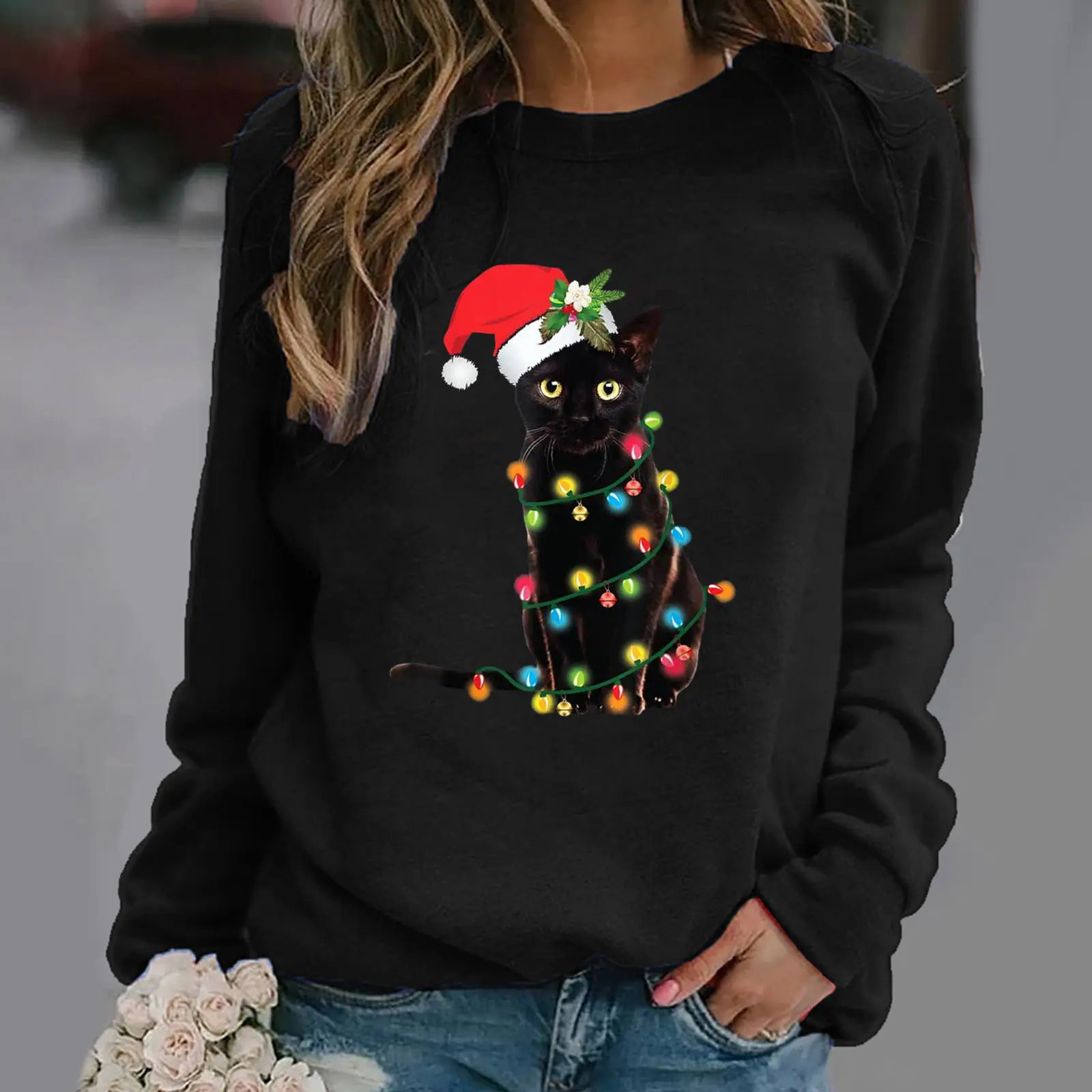 Women Christmas Cat Print Sweatshirt Hoodie Grey - Image 9