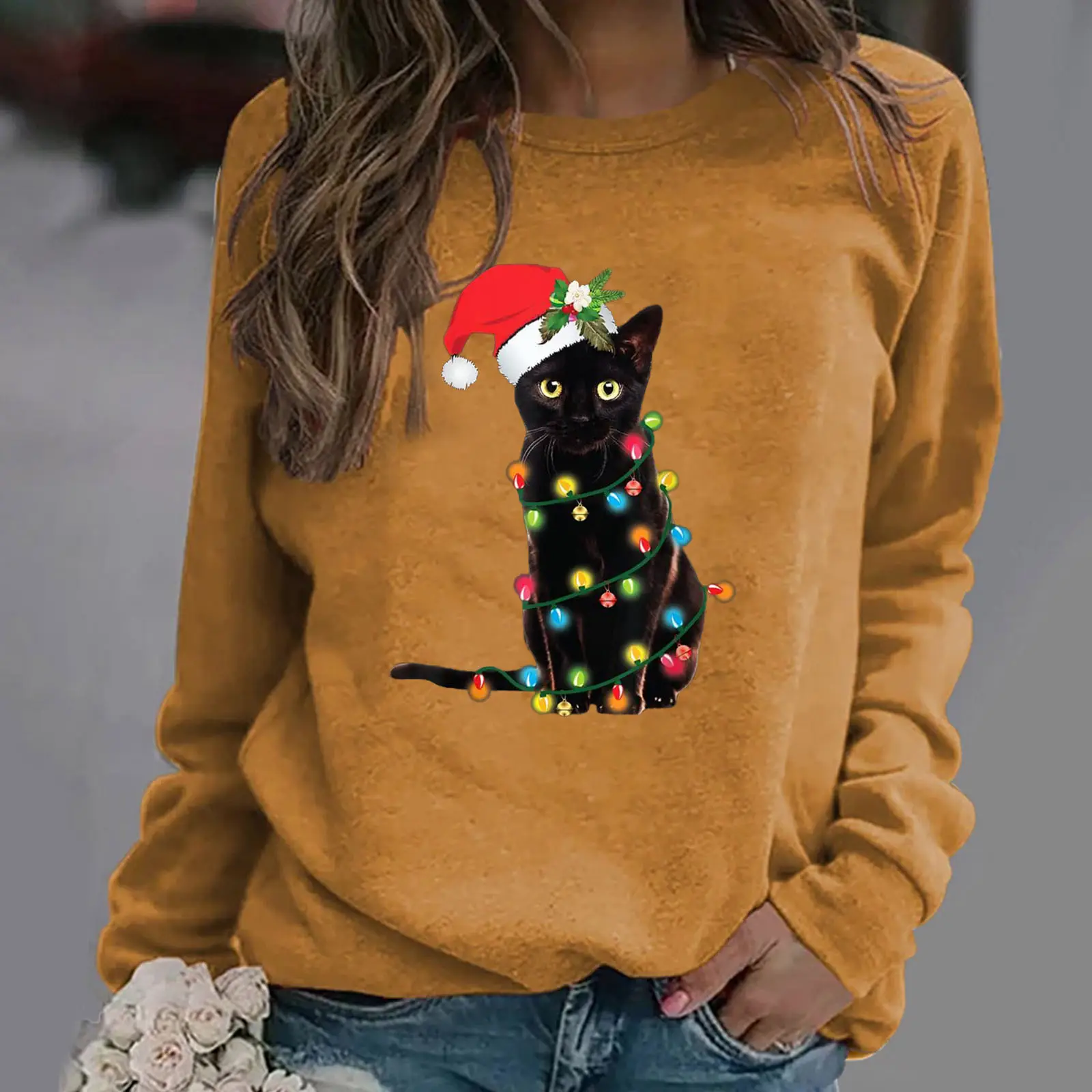 Women Christmas Cat Print Sweatshirt Hoodie Grey - Image 2