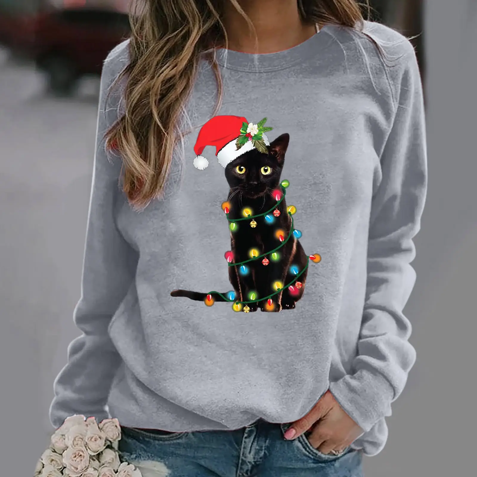 Women Christmas Cat Print Sweatshirt Hoodie Grey - Image 3