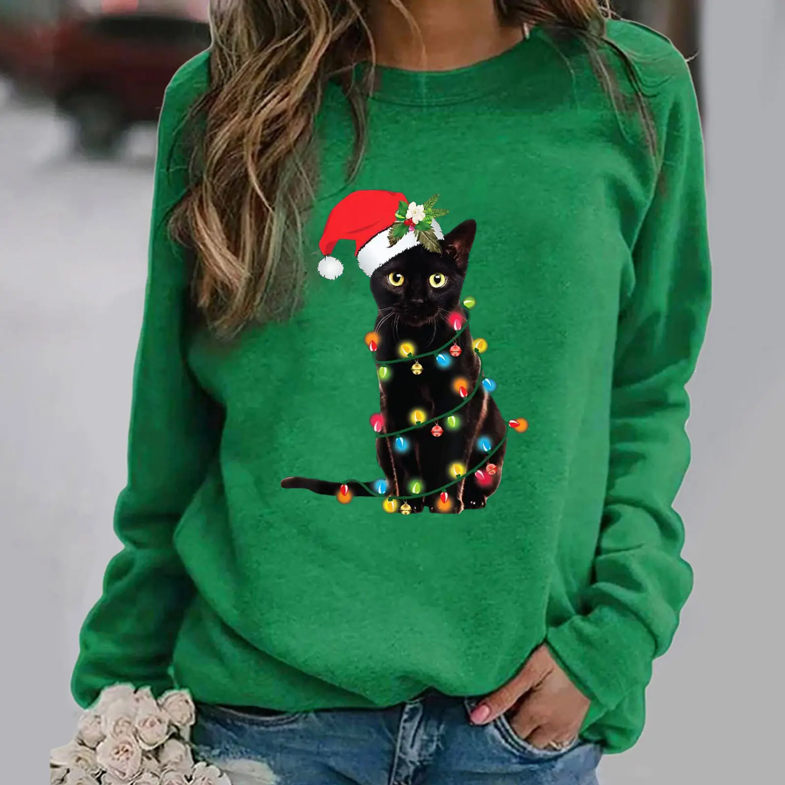 Women Christmas Cat Print Sweatshirt Hoodie Grey - Image 4