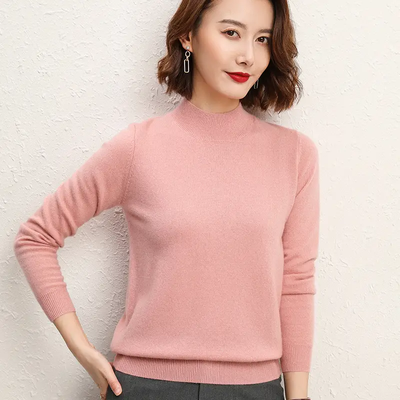 Women's Pink Half Turtleneck Sweater Short Pullover - Image 12