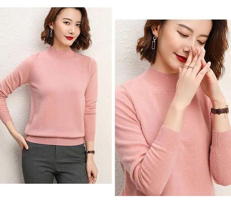 Women's Pink Half Turtleneck Sweater Short Pullover — feature 15