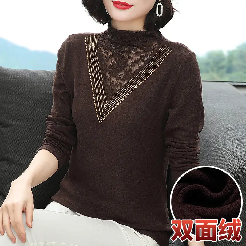 Women's Long Sleeve Lace Fleece T-Shirt Brown