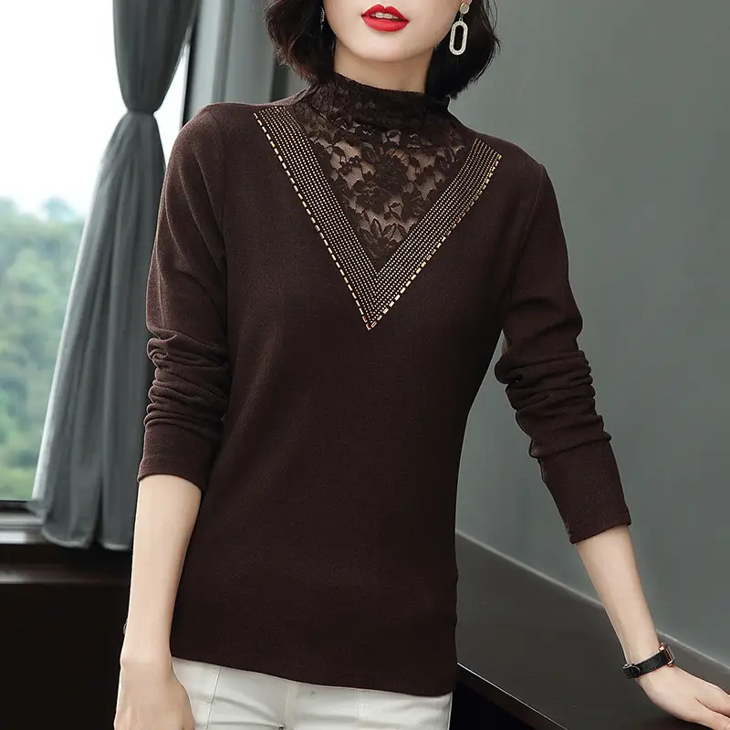 Women's Long Sleeve Lace Fleece T-Shirt Brown