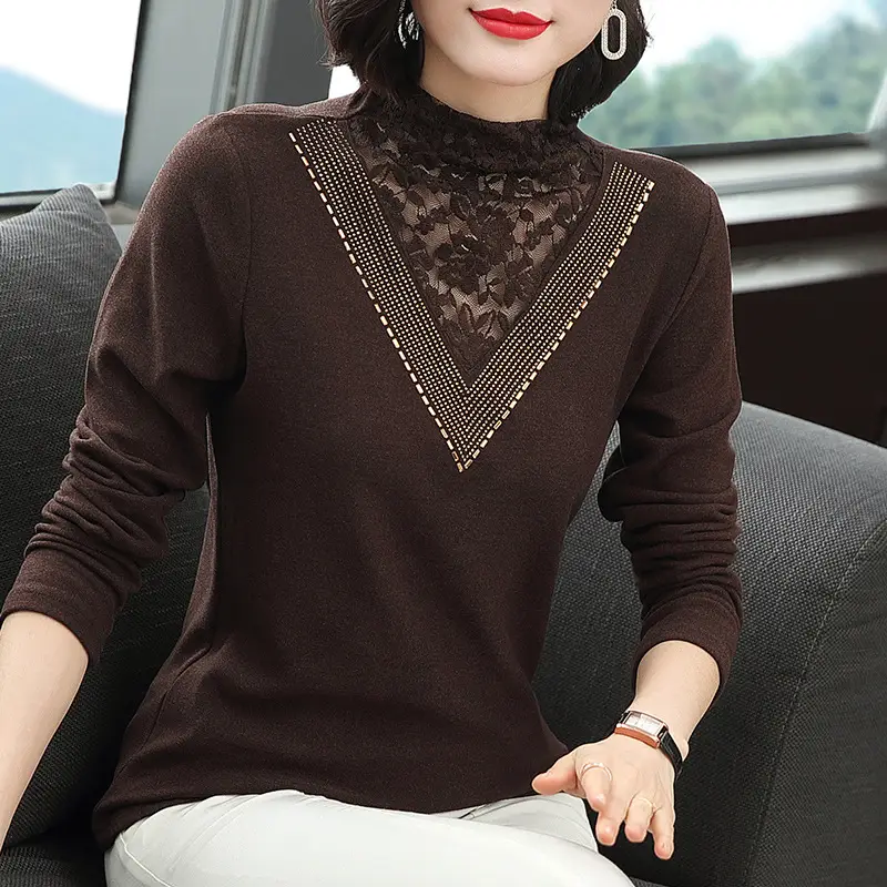 Women's Long Sleeve Lace Fleece T-Shirt Brown