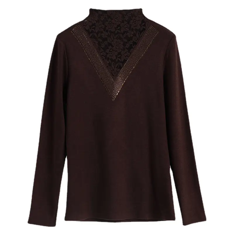 Women's Long Sleeve Lace Fleece T-Shirt Brown