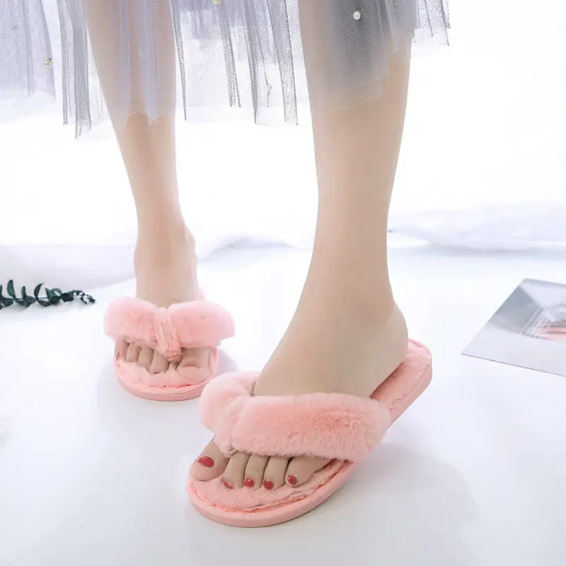 Foreign trade large size autumn and winter New Fashion Mao Mao flip-flops Women's Flat anti-slip floor slippers home indoor cotton slippers