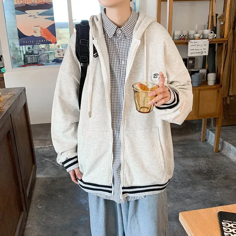 Men Fleece Hoodie Grey Korean Style Winter Sports Jacket - Image 5