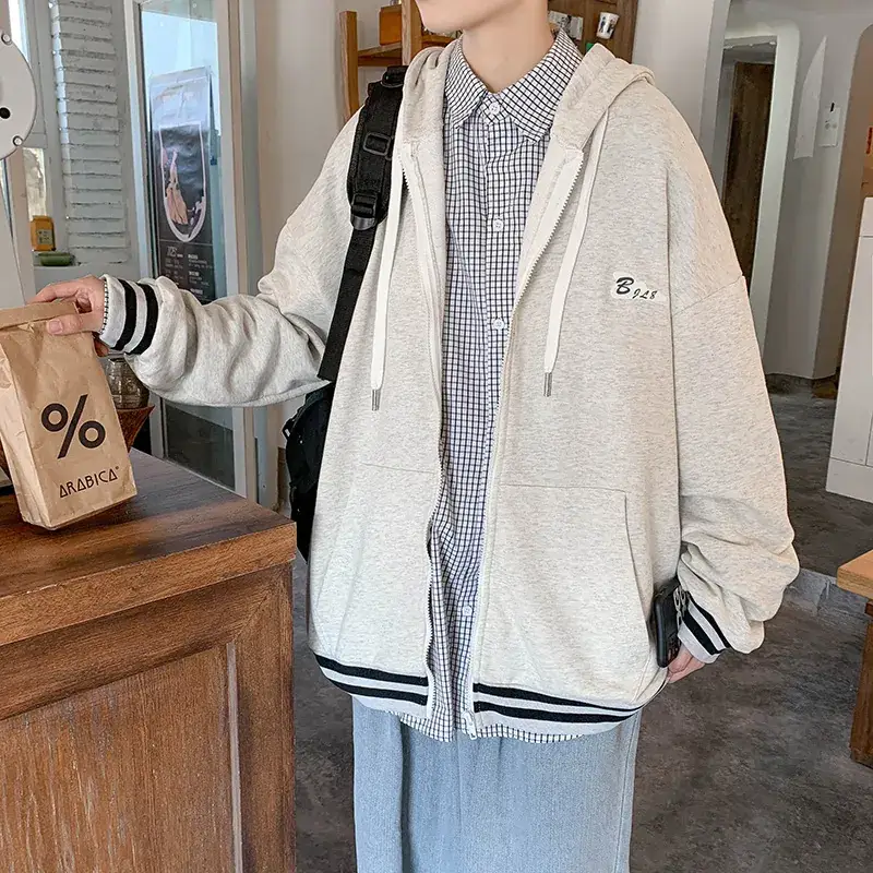 Men Fleece Hoodie Grey Korean Style Winter Sports Jacket - Image 6