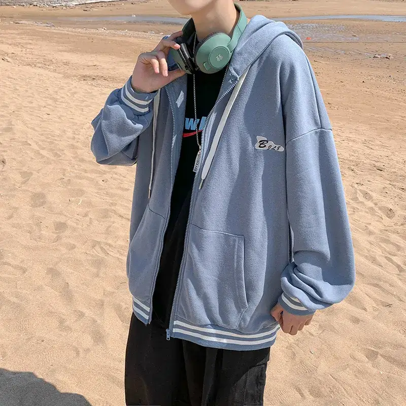 Men Fleece Hoodie Grey Korean Style Winter Sports Jacket - Image 7