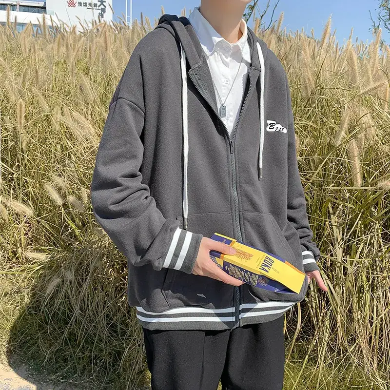Men Fleece Hoodie Grey Korean Style Winter Sports Jacket - Image 8