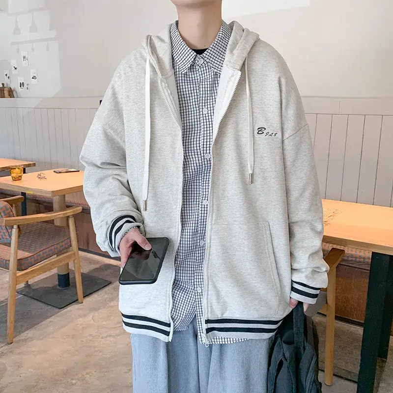 Men Fleece Hoodie Grey Korean Style Winter Sports Jacket - Image 2