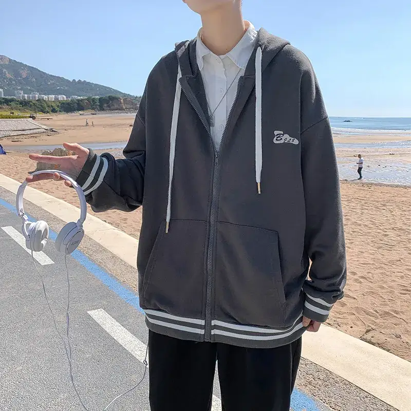 Men Fleece Hoodie Grey Korean Style Winter Sports Jacket - Image 3