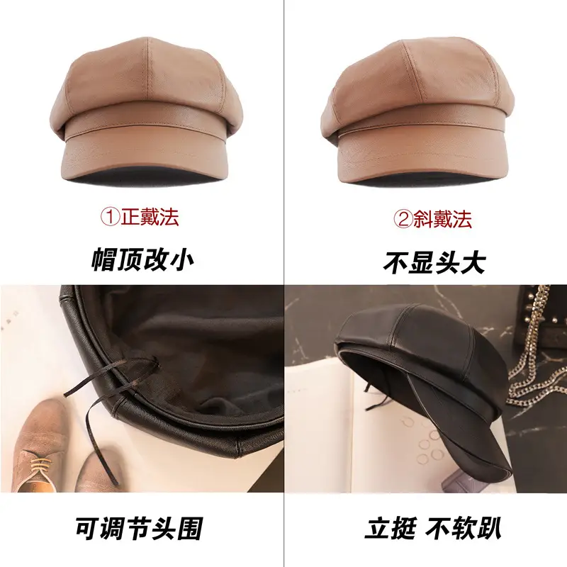 Men's Tan PU Leather Octagonal Cap Beret - Image 8