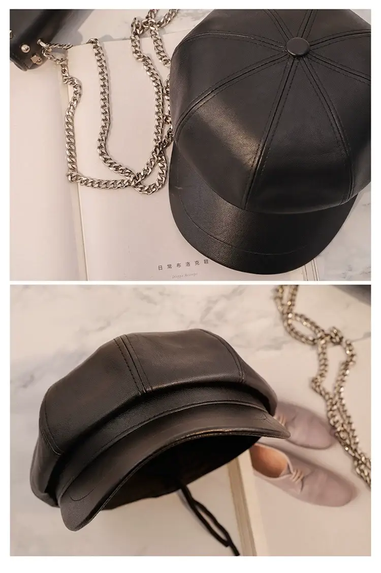 Men's Tan PU Leather Octagonal Cap Beret — feature 2