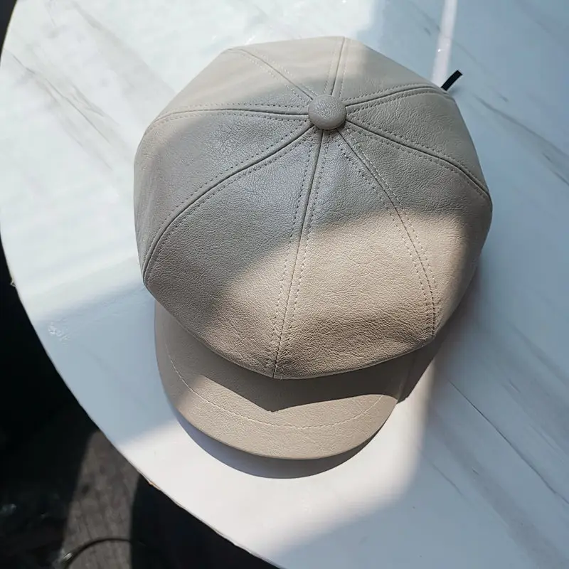 Men's Tan PU Leather Octagonal Cap Beret - Image 3