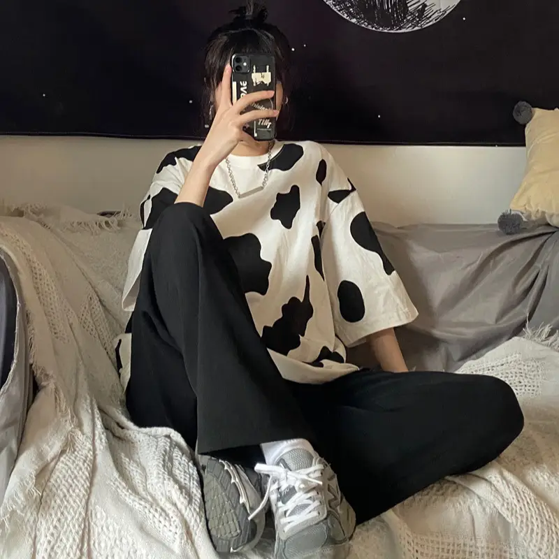 Cow Print Loose T-Shirt Unisex Bf Style 2026 - Image 7