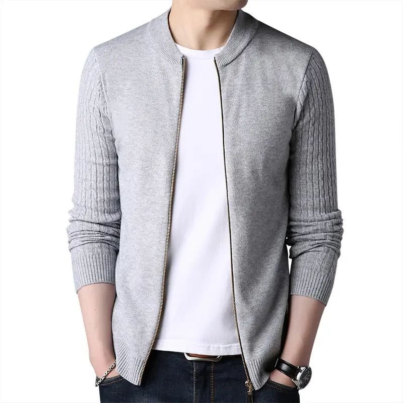 Men Grey Knit Sleeve Twist Cardigan with Stand Collar - Image 2