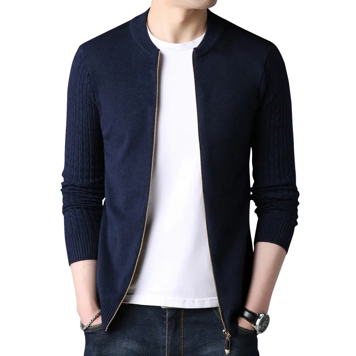 Men Grey Knit Sleeve Twist Cardigan with Stand Collar - Image 3