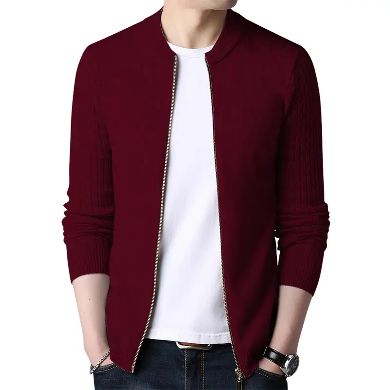 Men Grey Knit Sleeve Twist Cardigan with Stand Collar - Image 5