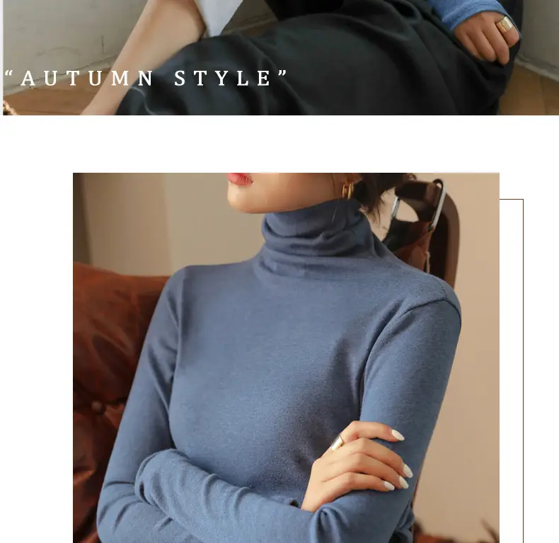 Women's Blue Collar Turtleneck Shirt for Women Autumn Winter Slim Fit — feature 24
