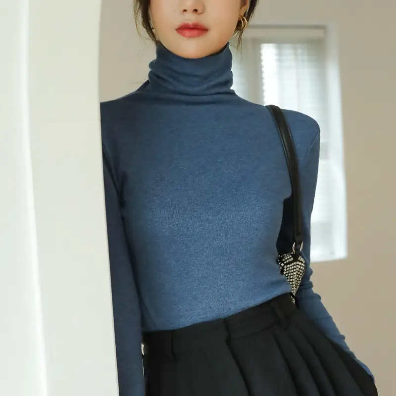 Women's Blue Collar Turtleneck Shirt for Women Autumn Winter Slim Fit - Image 10