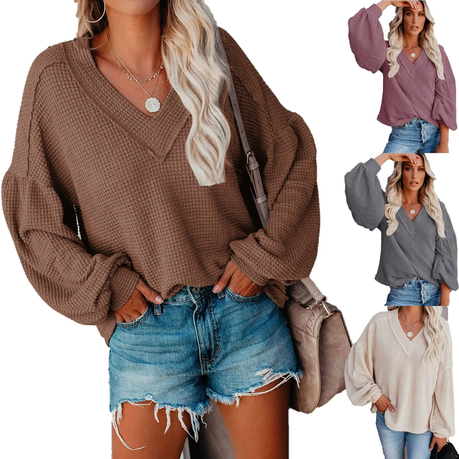 Women's V-Neck Knit Lantern Sleeve Top - Image 6