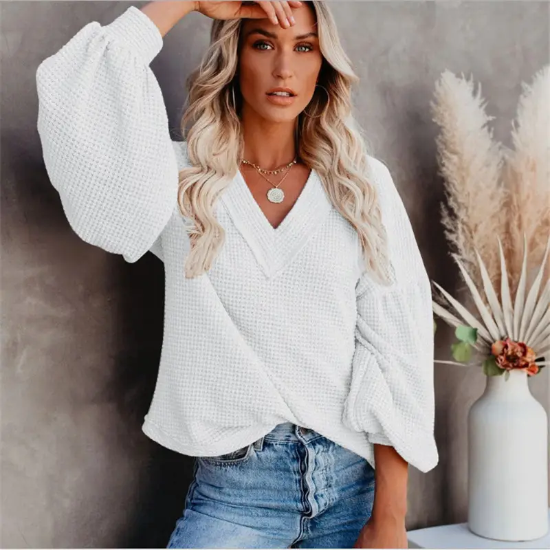 Women's V-Neck Knit Lantern Sleeve Top - Image 7