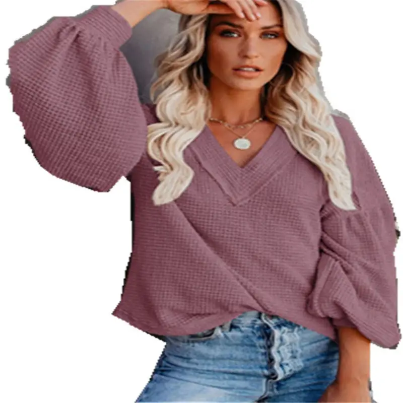 Women's V-Neck Knit Lantern Sleeve Top - Image 9