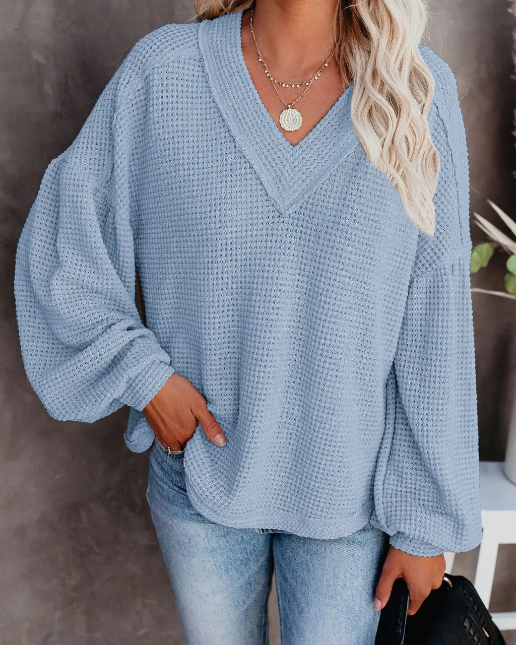 Women's V-Neck Knit Lantern Sleeve Top - Image 2
