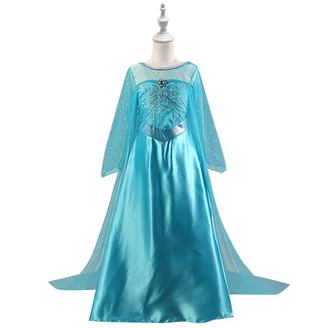 Elsa Princess Dress with Veil for Girls, Long Sleeve Gown, Long Crown Set, Children's Performance Costume