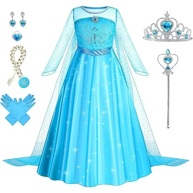 Elsa Princess Dress with Veil for Girls, Long Sleeve Gown, Long Crown Set, Children's Performance Costume