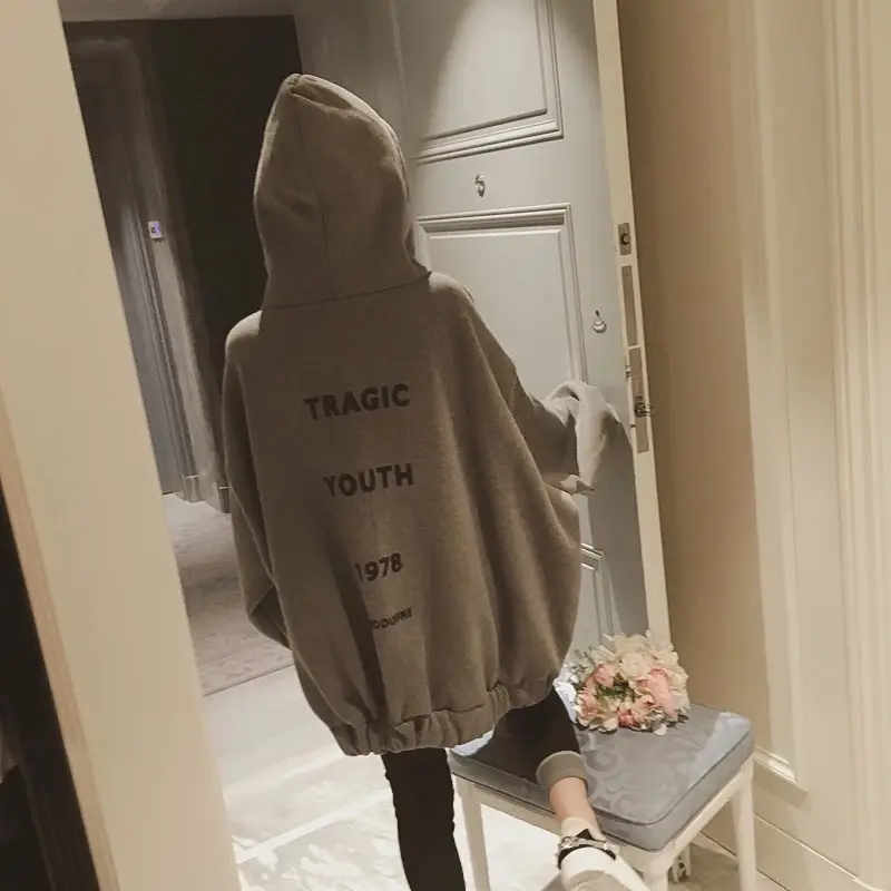 Women Fleece Hoodie Grey Loose Fit Mid Length Harajuku Style — feature 13